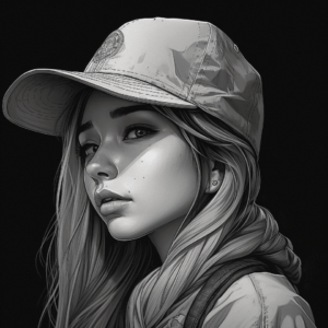Art en noir et blanc d'une jeune femme avec une casquette et de longs cheveux.