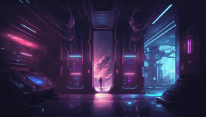 Vue futuriste d'une station spatiale cybernétique. Design sci-fi avec néons roses et bleus.